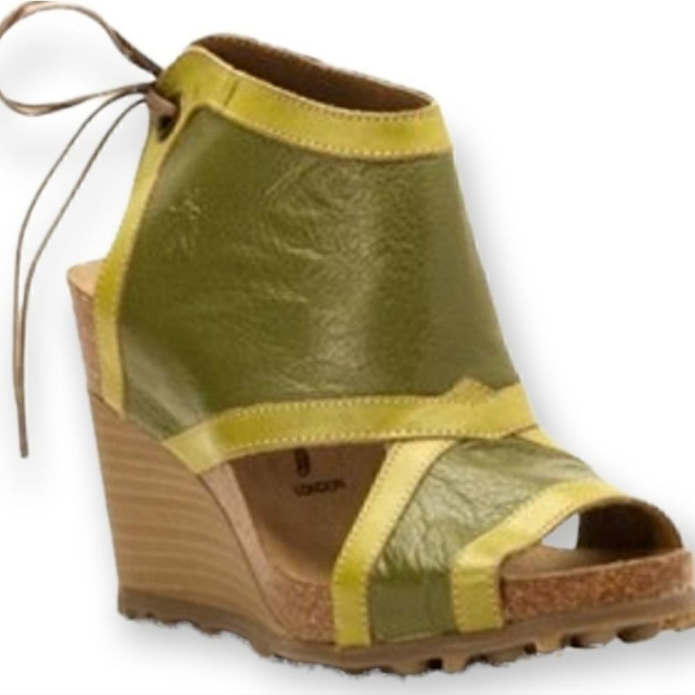 Fly London Luxe Kiwi & Olive Tieback Leather Platform Wedge Sandals Sz 36